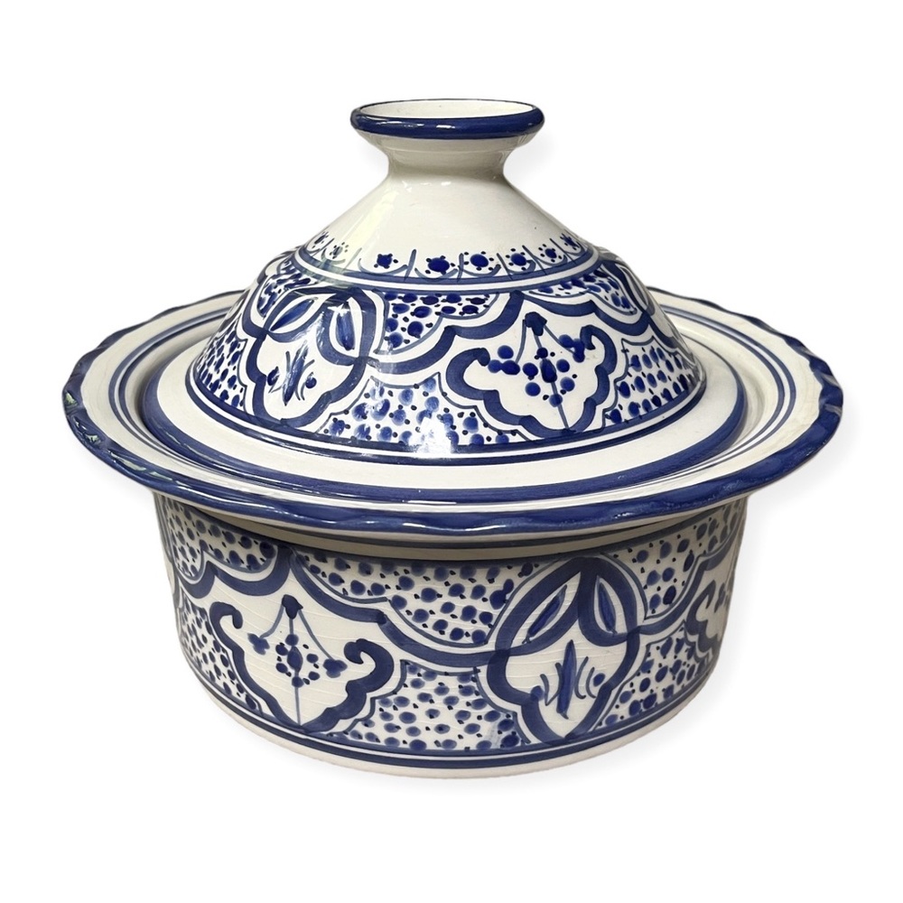 Poterie Slama Tunisian Hand Painted Blue & White Pottery Casserole Dish w/Lid
